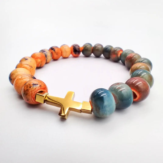 Náramok z oranžovej keramiky s nerezovým krížikom - Gracefolk