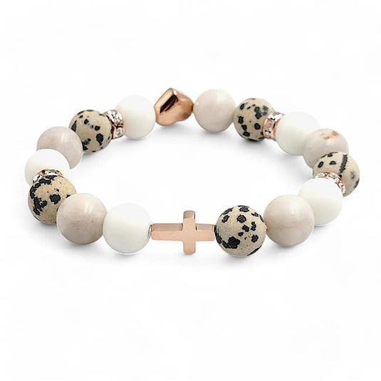 Ružovobiely srdiečkový kresťanský náramok s dalmatínskym jaspisom - Gracefolk